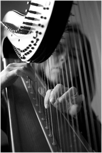 Photo of Loretta playing the harp