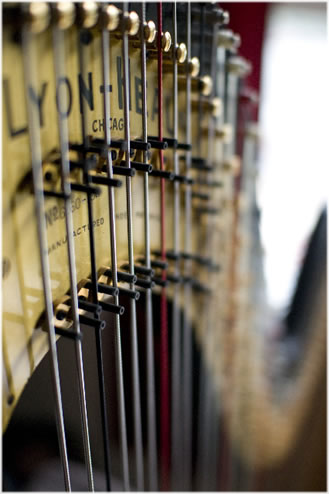 Photo of Loretta playing a harp